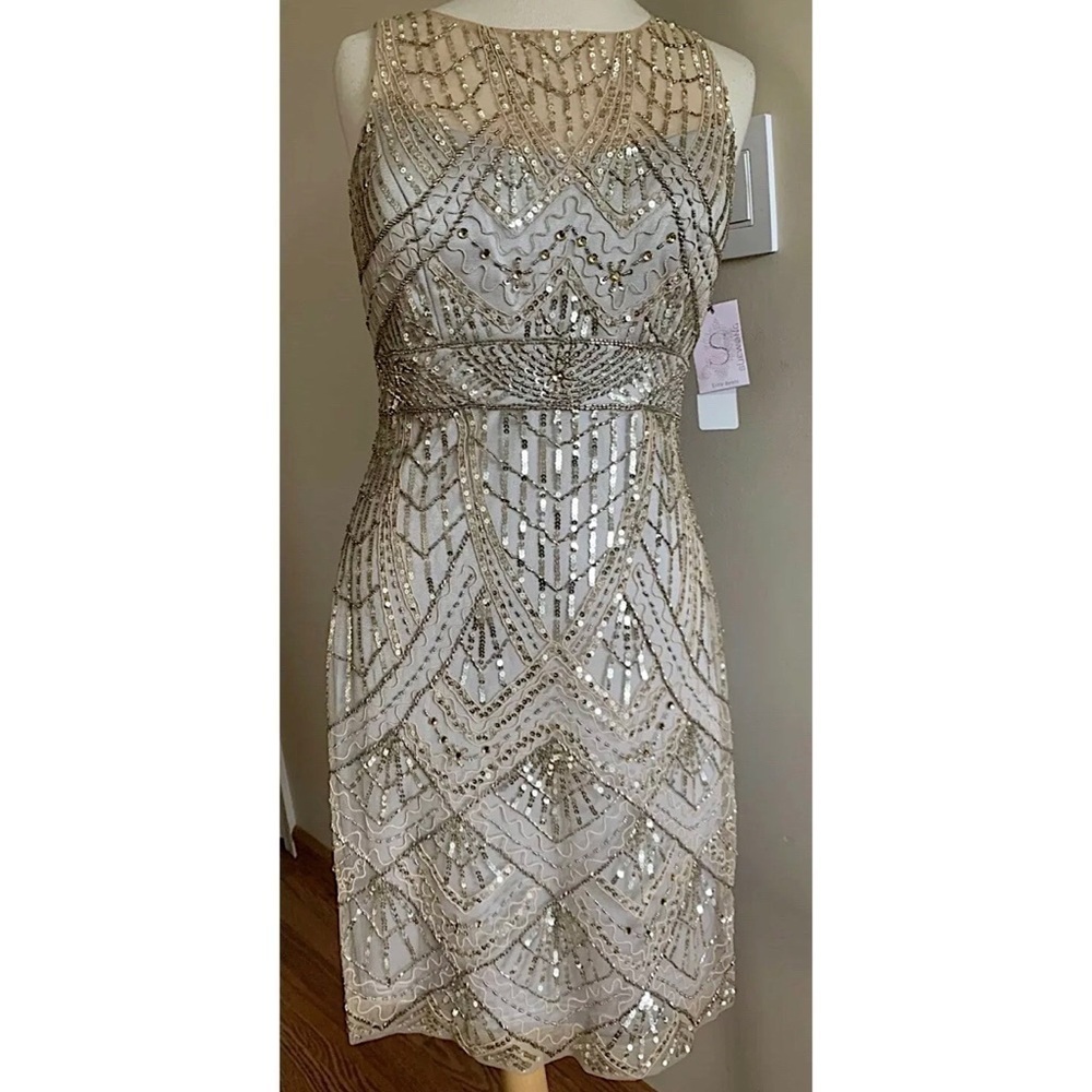 SUE WONG 14 Champagne Silver sequin embellished beaded cocktail formal dress NEW - Picture 9 of 17